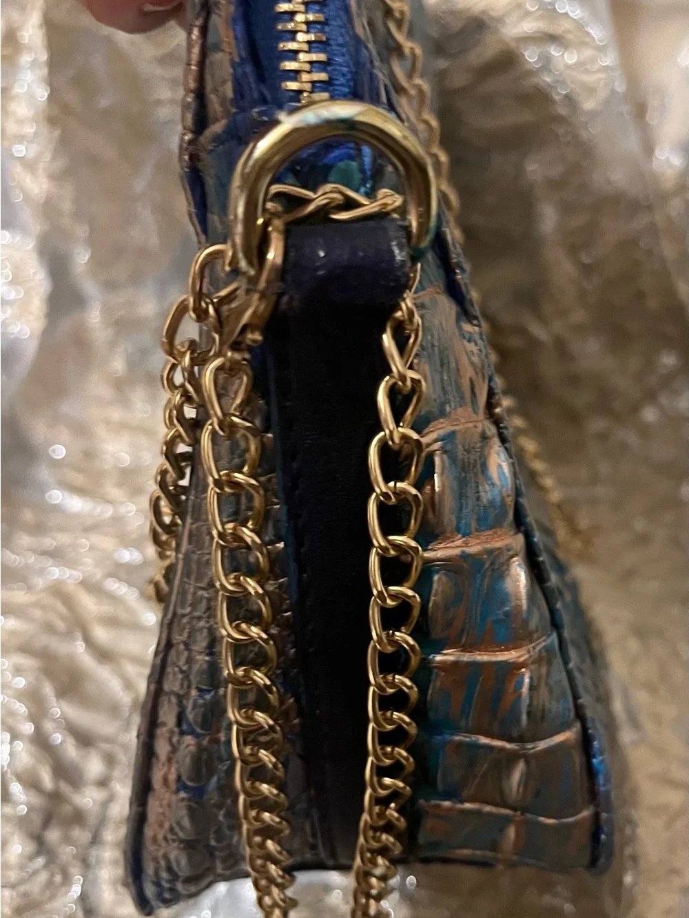 Metallic Blue Croc-Embossed Chain Shoulder Bag